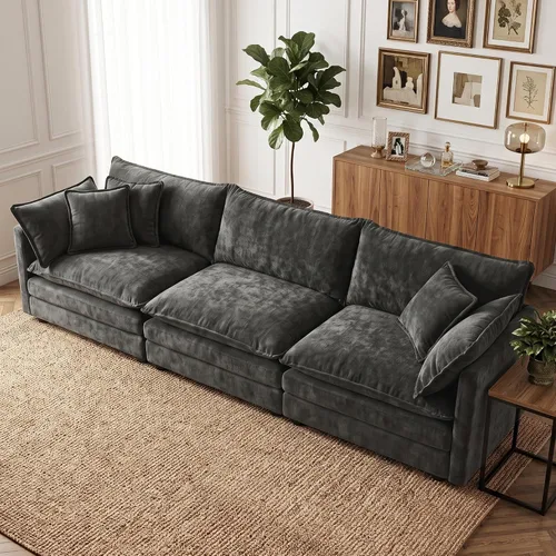 Vista 44 de Sofá individual modular de chenilla con otomana, sofá nube con almohada, color beige