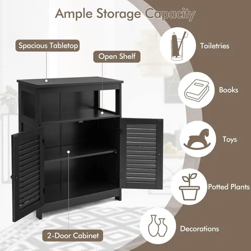 Vista 5 de COSTWAY Armario de almacenamiento para baño, organizador de almacenamiento lateral de madera con puertas de rejilla y estante extraíble, gabinete