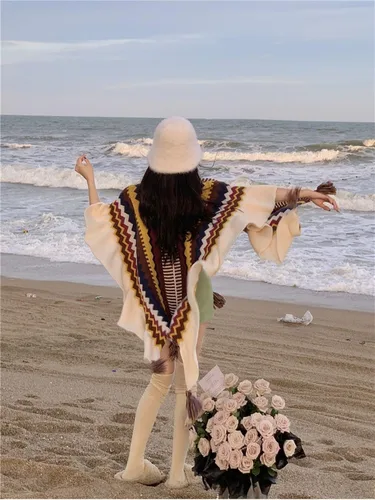 Vista 5 de LKYLIVE Capa de cuello alto para mujer con botón sin manga, elegante poncho de tela a cuadros con clase