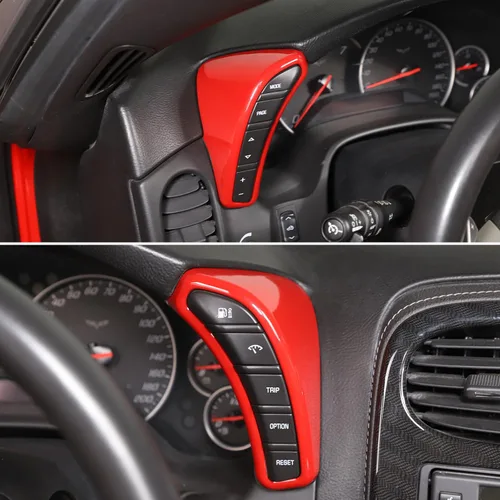 Vista 7 de Cubierta de botón de salpicadero Compatible con Chevy Corvette C6 2005-2013, marco de borde del velocímetro Cubierta de ribete de accesorios Rojo