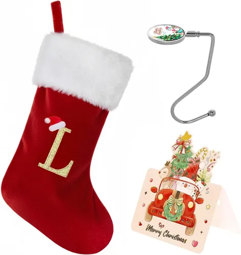 Vista 20 de Calcetines de Navidad personalizados con monograma, con inicial familiar, 20 pulgadas, puño de felpa blanca supersuave con cuerpo de terciopelo rojo