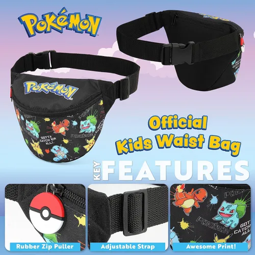 Vista 3 de Bolsa de Pokémon para niños y niñas, bolsa de viaje para la escuela, festival, ligera, ajustable, riñonera, bolsillo con cremallera, regalos