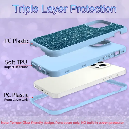 Vista 5 de Funda protectora completa con purpurina compatible con iPhone 14 Pro Max [protección militar contra caídas] híbrida resistente 3 en 1, resistente a