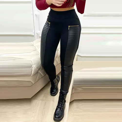 Vista 9 de Pantalones de cuero para mujer, pantalones de pierna ancha, pantalones de contraste, diseño de cuero, pantalones de cintura alta con cremallera