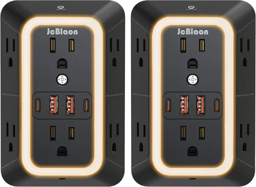 Vista 10 de Extensor de toma de corriente de pared con luz nocturna, adaptador de enchufe de alimentación extensor de 6 salidas con 4 puertos de carga USB