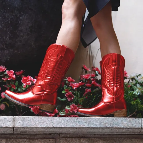 Vista 2 de IUV - Botas de cowboy para mujer, botas vaqueras a media pantorrilla, botas de vaquera con punta puntiaguda, botas occidentales B-Rojo