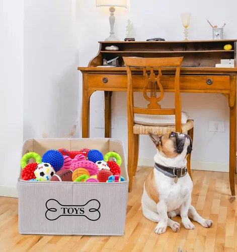 Vista 6 de Geyecete Contenedor de almacenamiento de juguetes para perros con mango de madera, cesta organizadora rectangular decorativa de fieltro suave