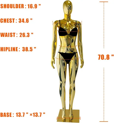 Vista 2 de Maniquí femenino de cuerpo completo dorado brillante de 70.8 pulgadas, maniquí de exhibición de estilo brasileño con brazos ajustables, base