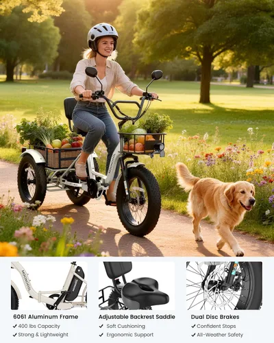 Vista 6 de MOONCOOL Triciclo eléctrico para adultos, 20 x 4 pulgadas, triciclo eléctrico con neumáticos gruesos, bicicleta eléctrica de 3 ruedas de 48 V, 500