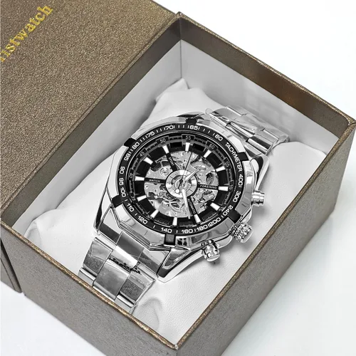 Vista 2 de Gute Relojes para hombre, esqueleto mecánico, de acero inoxidable, impermeable, automático, reloj de pulsera steampunk con esfera X de lujo
