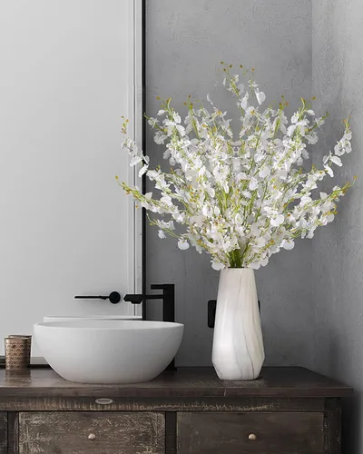 Vista 4 de Kisflower Ramo de orquídeas artificiales blancas, 12 unidades, ramo de orquídeas bailarinas falsas de seda blanca para bricolaje, interiores Blanco