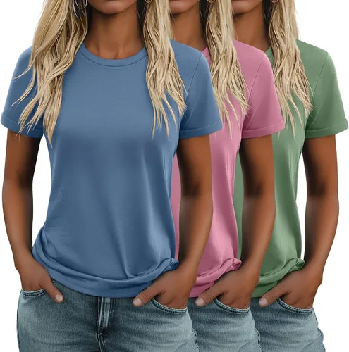 Vista 42 de Huukeay Paquete de 3 camisetas de algodón para mujer, estilo casual, de manga corta, cuello redondo, ajuste holgado, básica, lisa