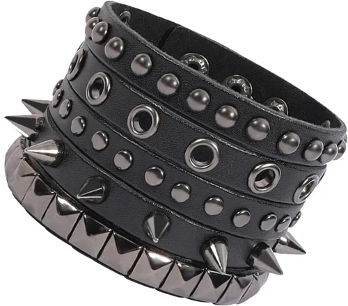 Vista 22 de Eigso Juego de 4 pulseras de cuero punk, con tachuelas de roca para hombres y mujeres, estilo retro, clásico, con pinchos, de metal, para hombre