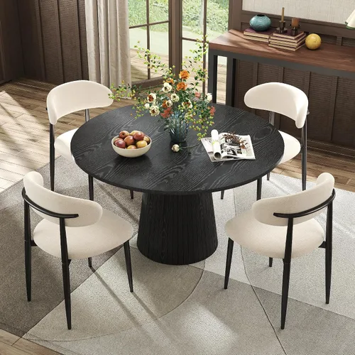 Vista 3 de Black Round Dining Table Set for 4, 47 In Kitchen Table with 4 Fabric Chair Farmhouse Circle Dinner Table with Heavy Duty Pedestal, Beige