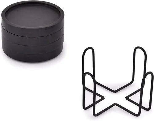 Vista 4 de Posavasos de madera para mesa de café, posavasos redondos con soporte para protección de mesa, juego de 4 (4 x 4 x 0.5 pulgadas) (negro)