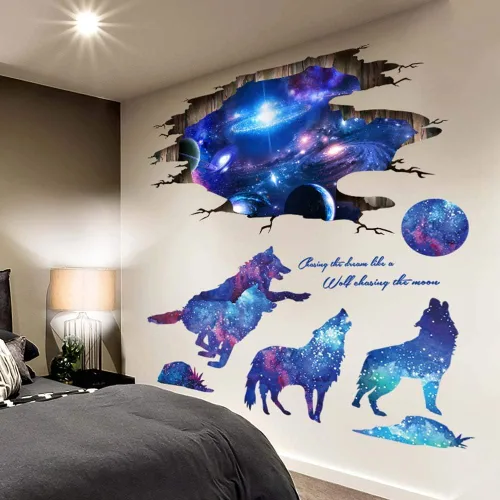 Vista 2 de Calcomanías de pared 3D de PVC, diseño mágico 3D de cielo estrellado estrellado, lobo y luna, para pared, de la vía láctea, espacio exterior