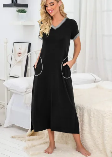 Vista 2 de PrinStory Camisón de manga corta para mujer, con cuello en V, suave, ropa de dormir informal con bolsillos