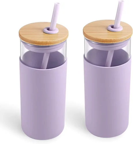 Vista 37 de Tronco Vaso de vidrio de 20 onzas con tapa y popote, taza de café helado y vaso para batido con tapas de bambú y funda protectora de silicona, apto