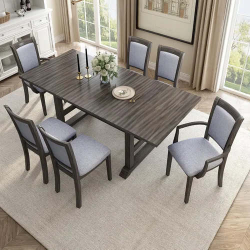 Vista 19 de Elegante juego de mesa de comedor de cocina de 6 piezas, mesa rectangular de madera y 4 sillas copetudas de respaldo alto y 1 banco, juego de mesa