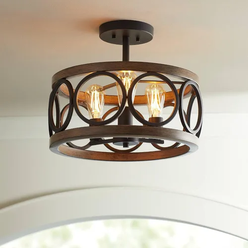 Vista 10 de Franklin Iron Works Salima - Lámpara de techo industrial rústica de 16 pulgadas de ancho, 3 luces con acabado de madera gris níquel cepillado