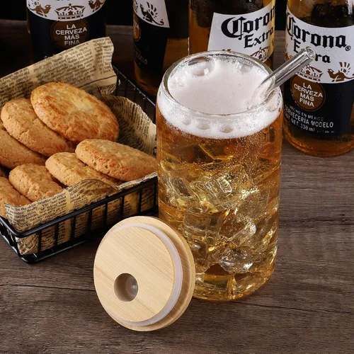 Vista 4 de CWHHRN Vasos de vidrio con tapas y pajitas, vasos de 16 onzas, tazas de café helado, vaso de vidrio con tapa, ideal para soda, té Boba Cocktai