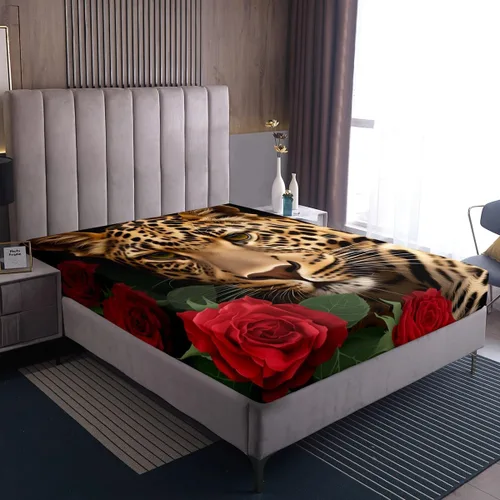 Vista 7 de Erosebridal Juego de sábanas bajeras de rosas rojas y leopardo, tamaño individual, diseño de animales africanos salvajes, diseño de plantas
