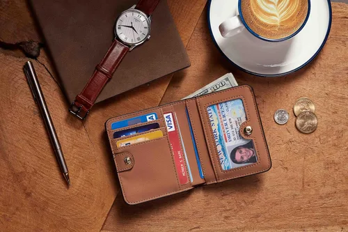 Vista 6 de Gostwo - Cartera compacta de piel genuina de lujo para mujer con bloqueo de RFID y ventana de identificación