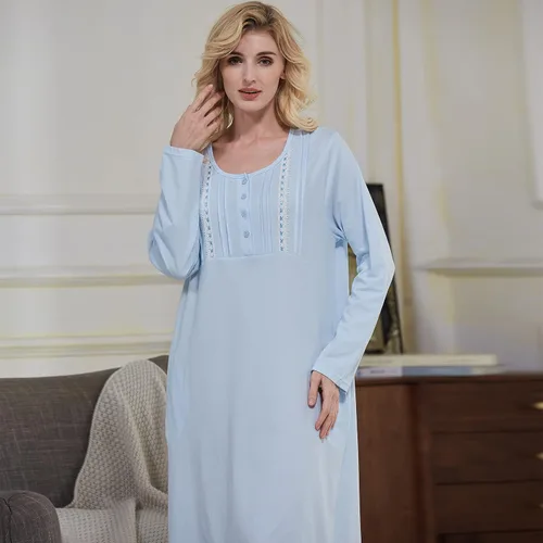 Vista 7 de Keyocean Camisones para mujer con bolsillos, 100% algodón, suave, ligero, manga larga, camisón para mujer
