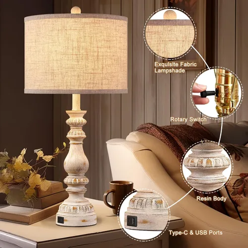 Vista 7 de Juego de 2 Lámparas de Mesita de Noche Estilo Granja para Dormitorio con Puertos USB A+C, Lámparas de Mesa Rústicas Vintage de 28" para Sala
