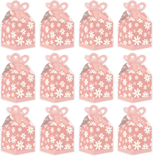 Vista 4 de Big Dot of Happiness Flores de margaritas rosadas, cajas de regalo cuadradas, cajas de lazo para fiesta floral, juego de 12