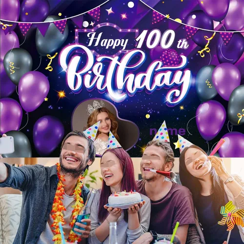 Vista 6 de Cartel decorativo personalizado de feliz cumpleaños número 100, personalización, morado, tamaños grandes, soporta fotos y nombres personalizados