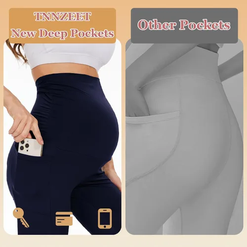 Vista 4 de TNNZEET Leggings de maternidad sobre el vientre con bolsillos, pantalones negros de entrenamiento para yoga y embarazo