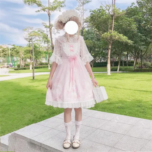 Vista 3 de BXSM Lolita - Vestido de princesa Kawaii de gasa de encaje para niña, vestido encantador Lolita para uso diario, Rosado