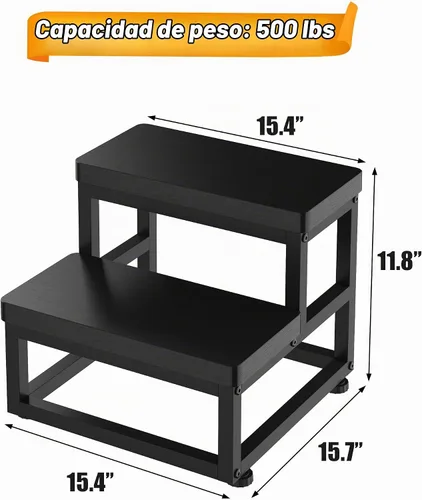 Vista 5 de Taburetes para adultos y niños, taburetes resistentes de madera para camas altas, taburete antideslizante de 2 escalones junto a la cama con Negro