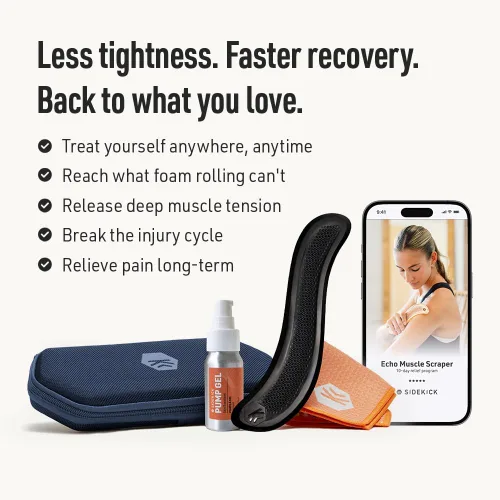 Vista 4 de SIDEKICK Echo Muscle Scraper - Herramienta Gua Sha de acero - con agarre antifatiga patentado de acero inoxidable - Kit completo incluido - Diseñado