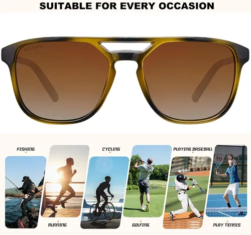 Vista 6 de Arjien Lentes de sol polarizados de aviador para mujeres y hombres, protección UV400, lentes de sol de moda de doble puente de los años 70
