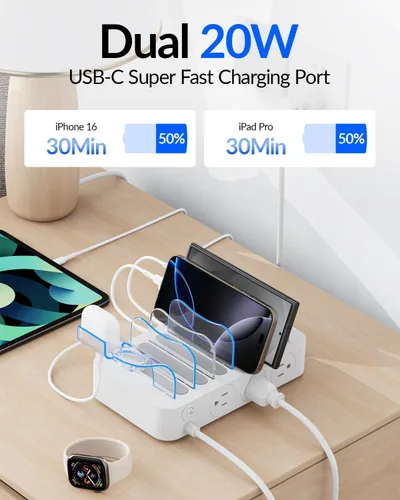 Vista 3 de SooPii Estación de carga de 60 W para múltiples dispositivos, base de carga USB C de 6 puertos con 3 salidas de CA, 3 USB C, 3USB A, cable