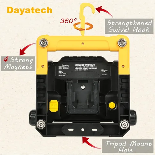 Vista 3 de Trípode inalámbrico LED luz de trabajo compatible con Dewalt y Milwaukee batería de 18-20V sin parpadeo, 4000 LM 25 W brillo ajustable, base