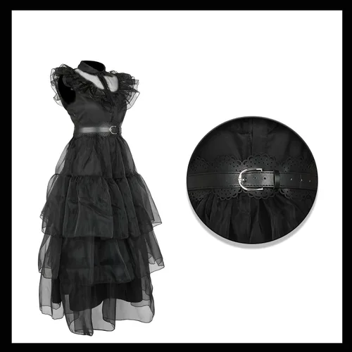 Vista 4 de shyhand Wednesdays Addams - Vestido para niñas y niños, juego de disfraz de miércoles, vestido de baile para cosplay, Halloween