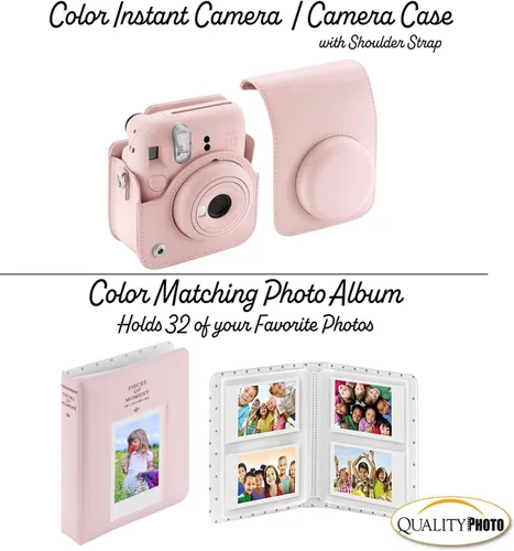 Vista 4 de Fujifilm Cámara instantánea Instax Mini 12 con funda, 20 impresiones de Fujifilm (rosa flor), calcomanías decorativas, marcos, álbum de fotos y más