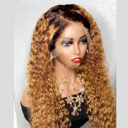 Vista 3 de Pelucas de cabello humano brasileño Remy brasileño con encaje frontal transparente HD de 13 x 6 pulgadas, color rubio miel, para mujeres negras, sin