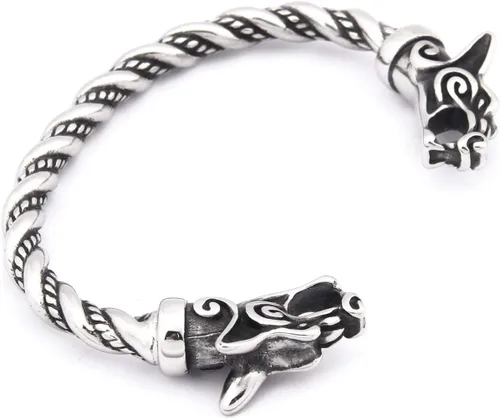 Vista 3 de BAVIPOWER Pulsera de acero inoxidable escandinavo de doble lobo vikingo, Metal, n