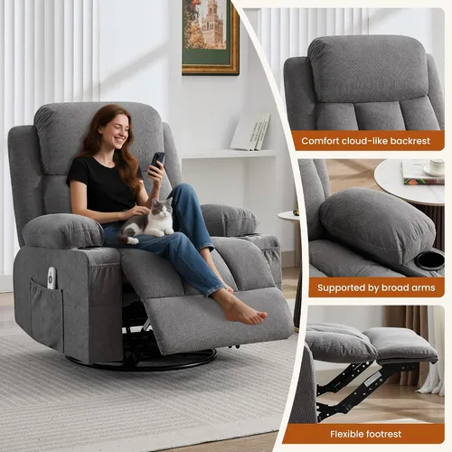Vista 8 de Swivel Rocker Recliner Chair with Vibration Massage and Heat, Grey Fabric - 8 Massage Points, 2 Cup Holders, USB Port