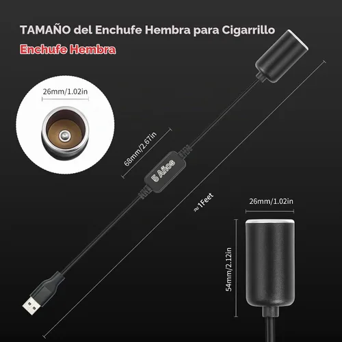 Vista 3 de Cable de alimentación USB A macho a 12 V 18 W para encendedor de cigarrillos, cable de alimentación para grabador de conducción, detector de radar