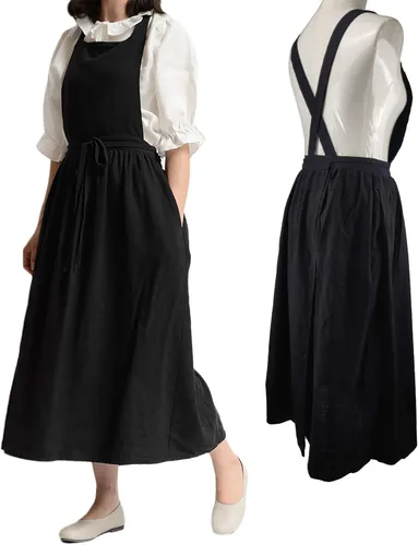 Vista 5 de Delantal largo de algodón plisado con espalda en X para cocina, jardín, floristería, ropa de trabajo, vestido con babero