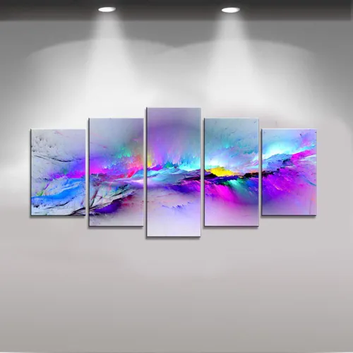 Vista 3 de Wieco Art Impresiones en lienzo Giclée de colores cambiantes, 5 paneles, ilustraciones modernas, paisajes a fotos impresas en lienzo abstracto, arte
