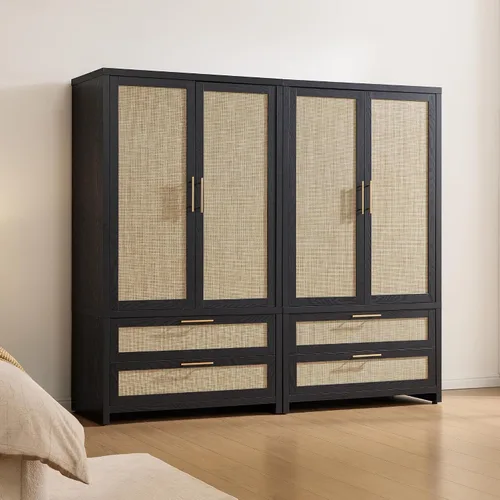 Vista 16 de SICOTAS Armario Ropero Gabinete de Ratán, Gabinete de Almacenamiento de 71" con Puertas, 2 Cajones y Barra Colgante, Organizador de Ropa Boho Roble