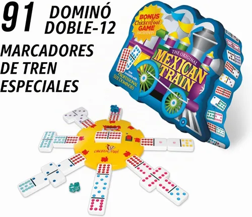 Vista 4 de Puremco Dominó doble de tren mexicano de 12 piezas de dominó de tamaño profesional con juego de pata de pollo incluido juego de mesa de estaño