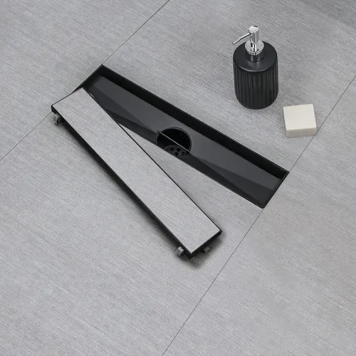 Vista 3 de SaniteModar Drenaje de ducha lineal, drenaje de ducha negro de 12 pulgadas con panel 2 en 1 de inserción plana y de azulejos, drenaje de suelo