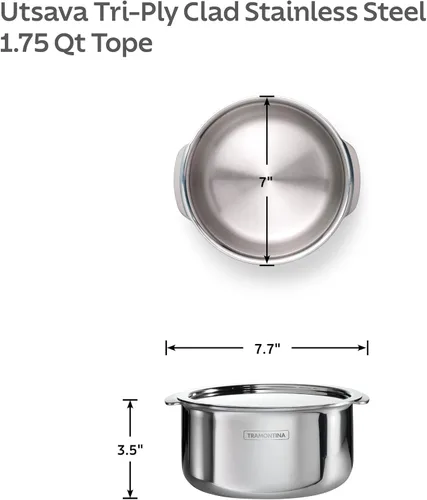 Vista 4 de Tramontina Utsava Tope de Acero Inoxidable Tri-Capa de 1.75 Cuartos con Tapa, Olla Patila Pequeña para Cocina India